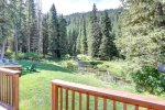 Black Bear Lodge deck view of forest and trout stream. 